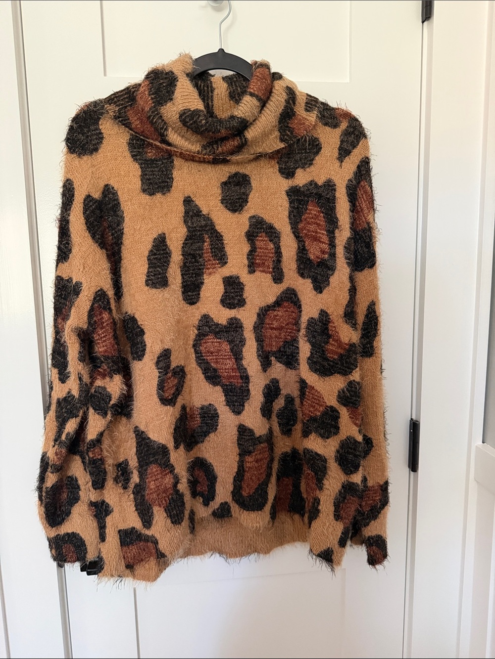 Show Me Your MuMu Leopard Print Fuzzy Turtleneck Sweater - Tan/Black/Brown